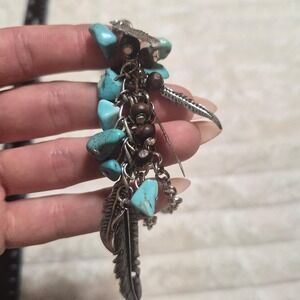 Boho Faux Turquoise Wood Bead Feather Charm Long Statement Necklace Silver Tone
